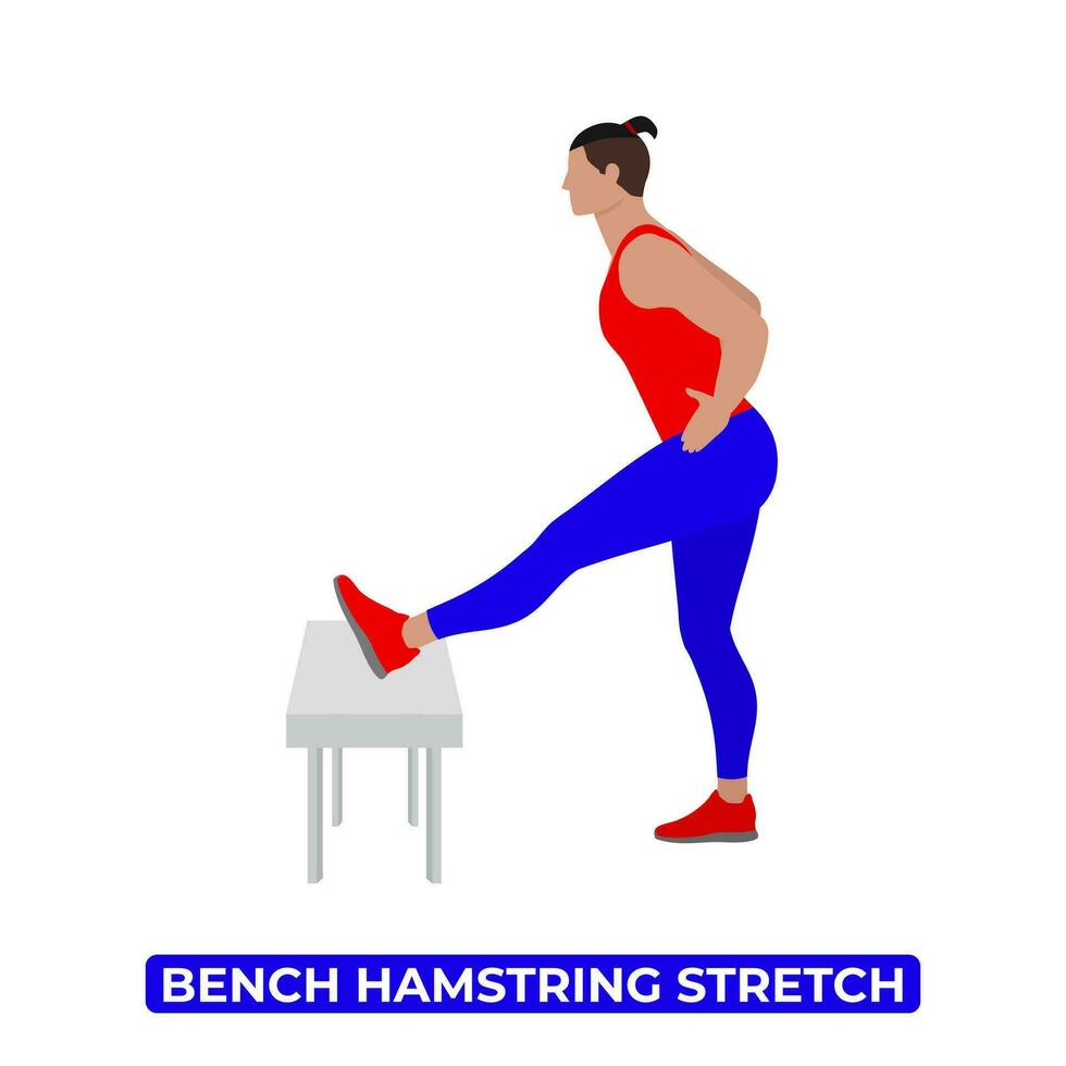 Vector Man Doing Bench Hamstring Stretch. An Educational Illustration On A White Background.