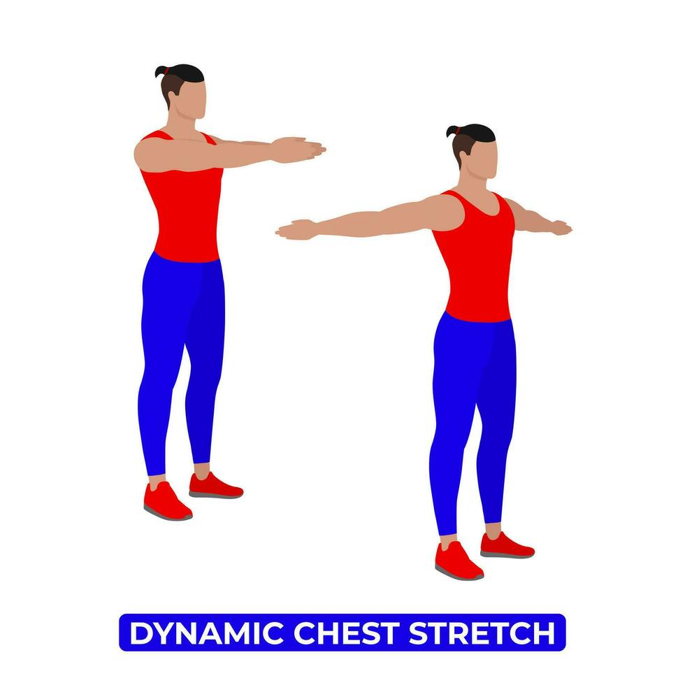 Vector Man Doing Dynamic Chest Stretch. An Educational Illustration On A White Background.