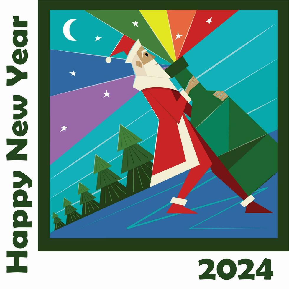 New Year's Eve poster 2024 with Santa Claus carrying a bottle of champagne with rainbow sprinkles. LGBT greeting card. Label, packaging, sticker. vector