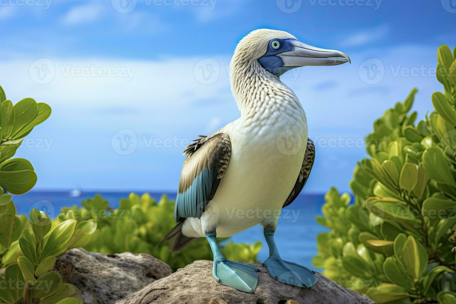 AI generated The rare blue-footed booby rests on the beach. AI Generated photo