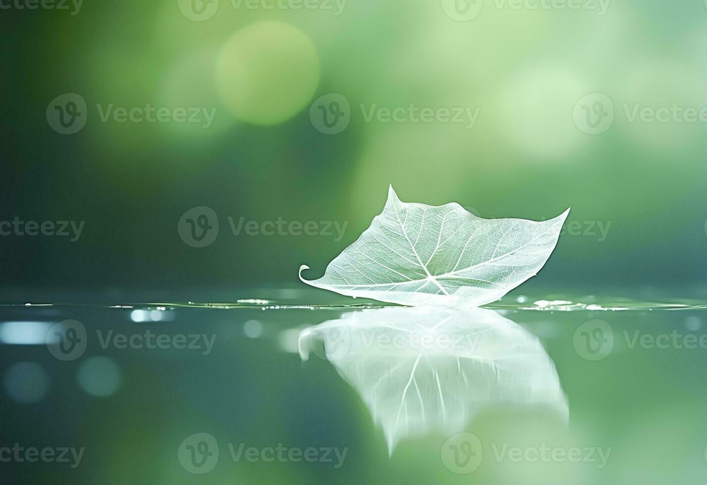 AI generated White transparent leaf on mirror surface with reflection on green background macro. Generative AI photo