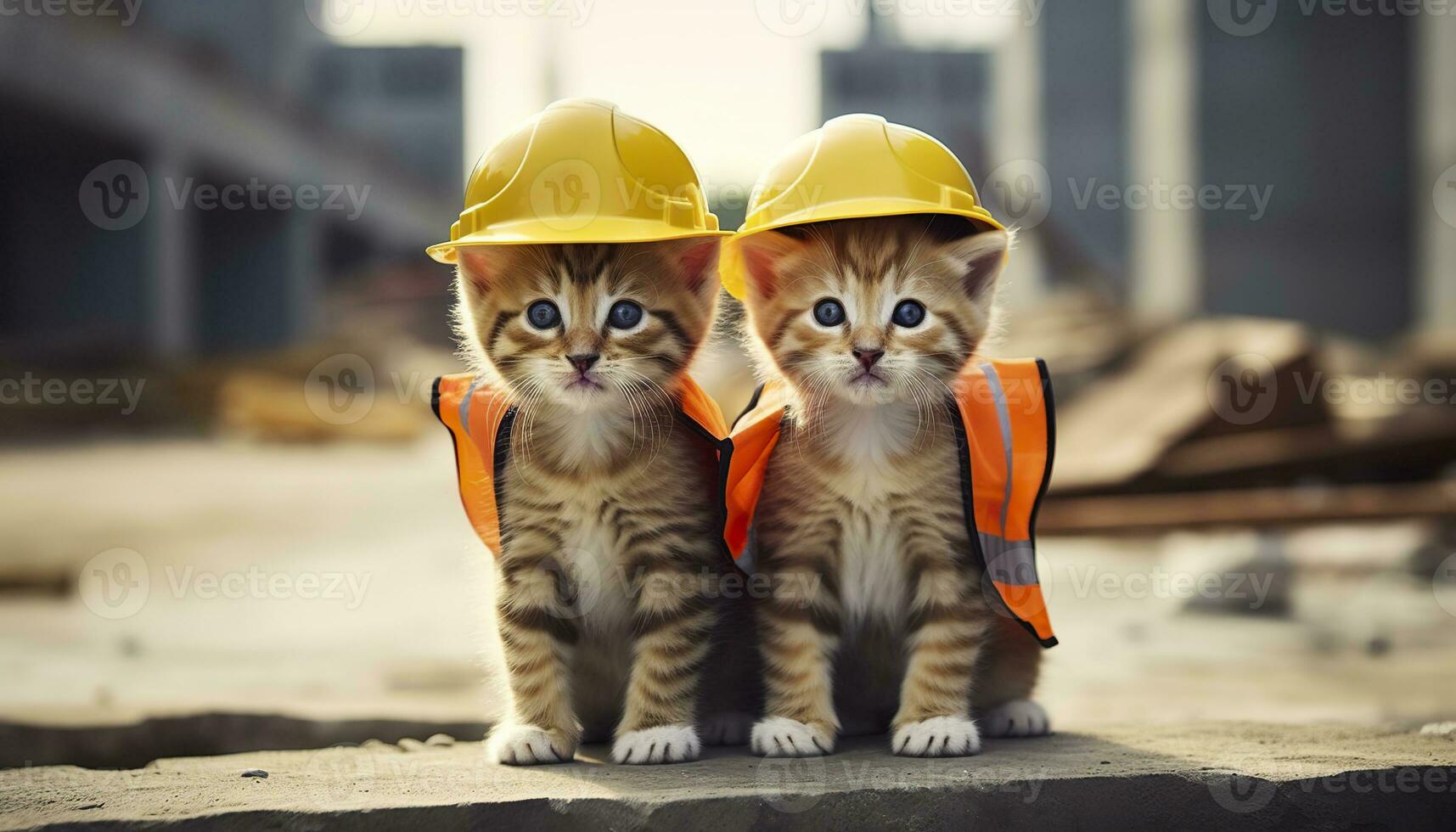 ai generado dos gatitos vistiendo difícil sombreros en un construcción sitio. generativo ai foto