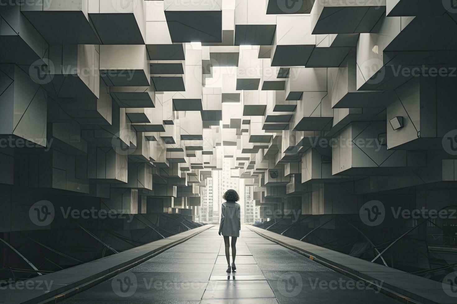 AI generated Woman walking in futuristic brutalist city street.  AI Generated. photo
