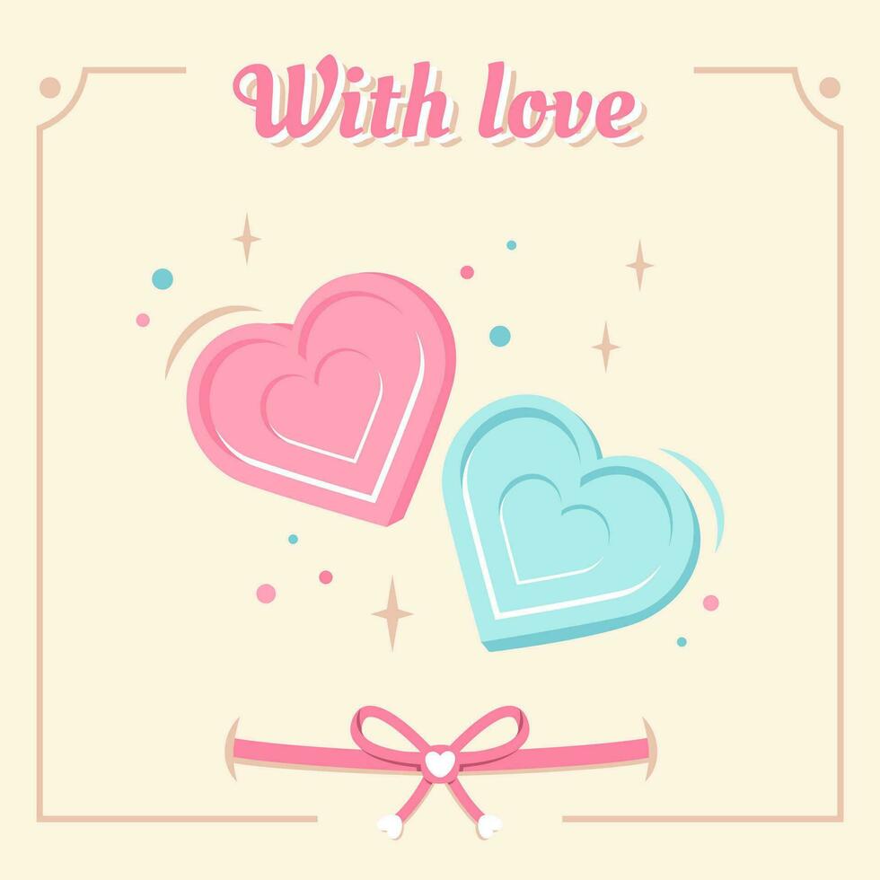 Valentine's day card. Pink and blue Hearts. Delicious heart shaped lollipops. Festive banner with Romantic text, bow, vintage frame, conffetti.Vector illustration for 14 February, holiday, invitation vector