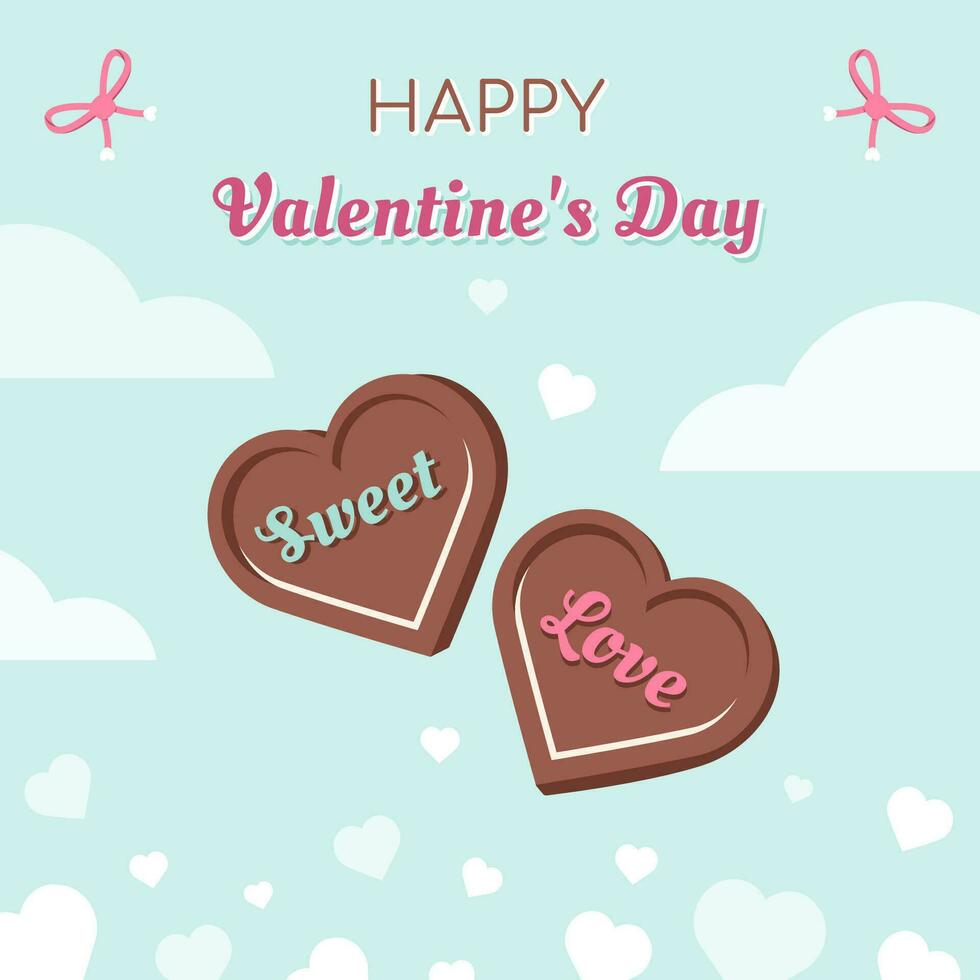 Happy Valentine's day. Greeting card with Heart shaped chocolates. Tasty dark or milk chocolate candy with romantic text. Festive banner with conffetti, bows lettering, clouds. Vector illustration