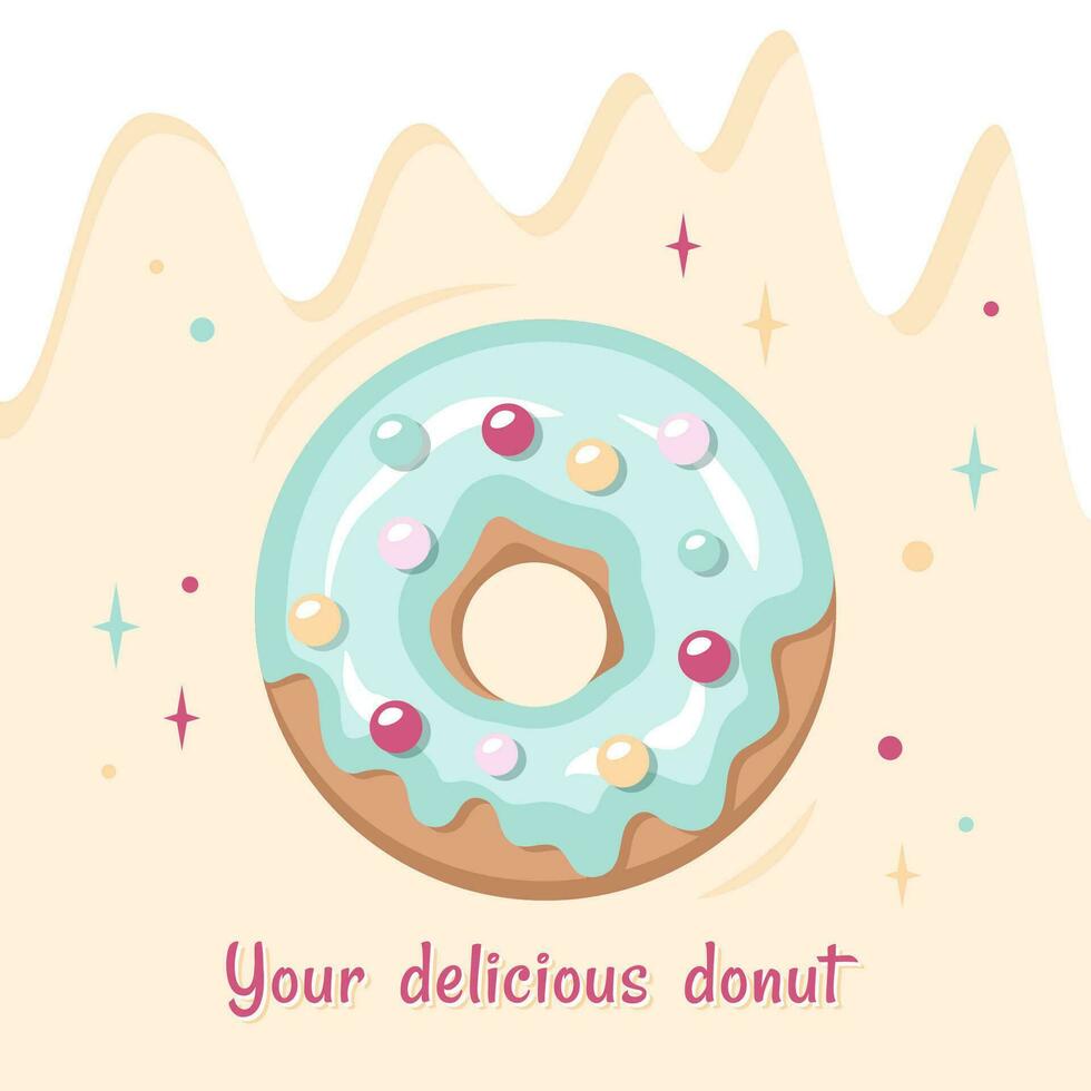 Tasty donut with blue glazed. Sweet dessert closeup. Delicious fried doughnut with vanilla cream, color sprinkling. Vector illustration for banner, card, menu, cafe, bakery, fast food places