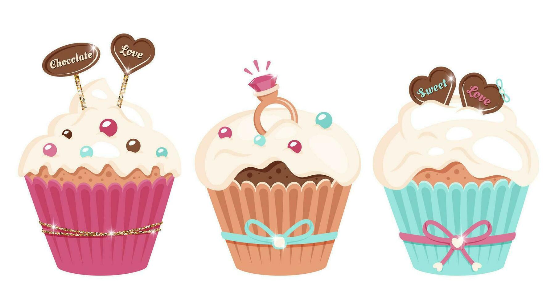 Set of festive Tasty cupcakes with various frosting in color paper cups. Sweet muffins with heart shaped chocolates, wedding ring, butter cream, sprinkling. Concept of love and engagement. Vector