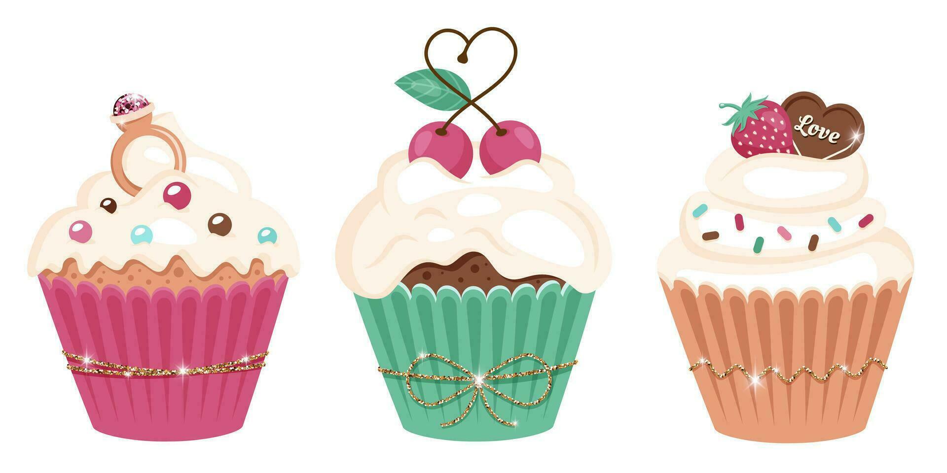 Set of festive sweet muffins with various frosting in paper cups and glitter ribbon. Tasty cupcakes with heart shaped chocolate, ring, cherry, cream, sprinkling. Romantic and wedding concept. Vector