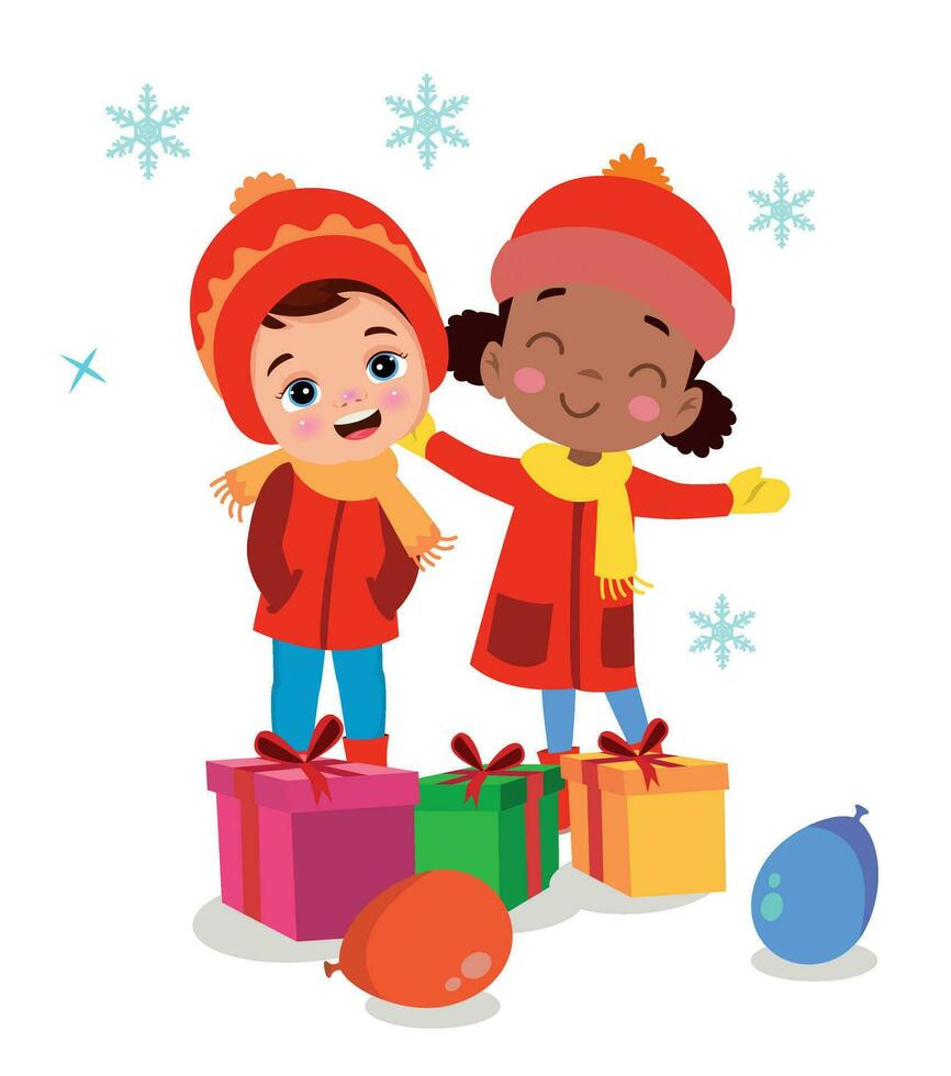 alegre Navidad y contento niños nuevo año saludo tarjeta con linda Papa Noel claus pequeño monigote de nieve con regalos. vector