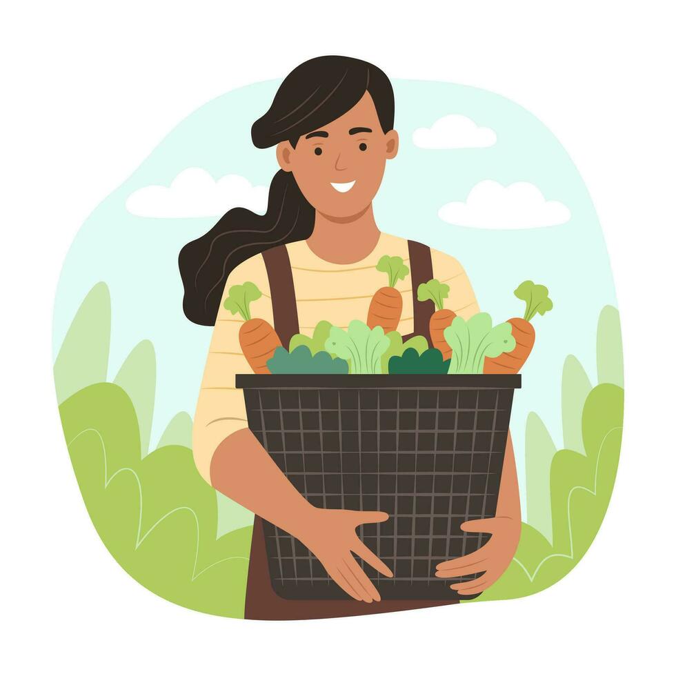 granjero mujer participación cesta lleno de Fresco vegetales vector