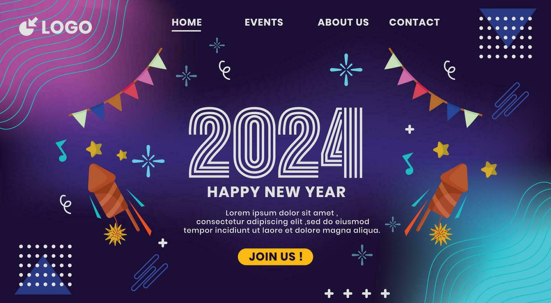 Vector flat landing page template for New Year 2024 celebration.