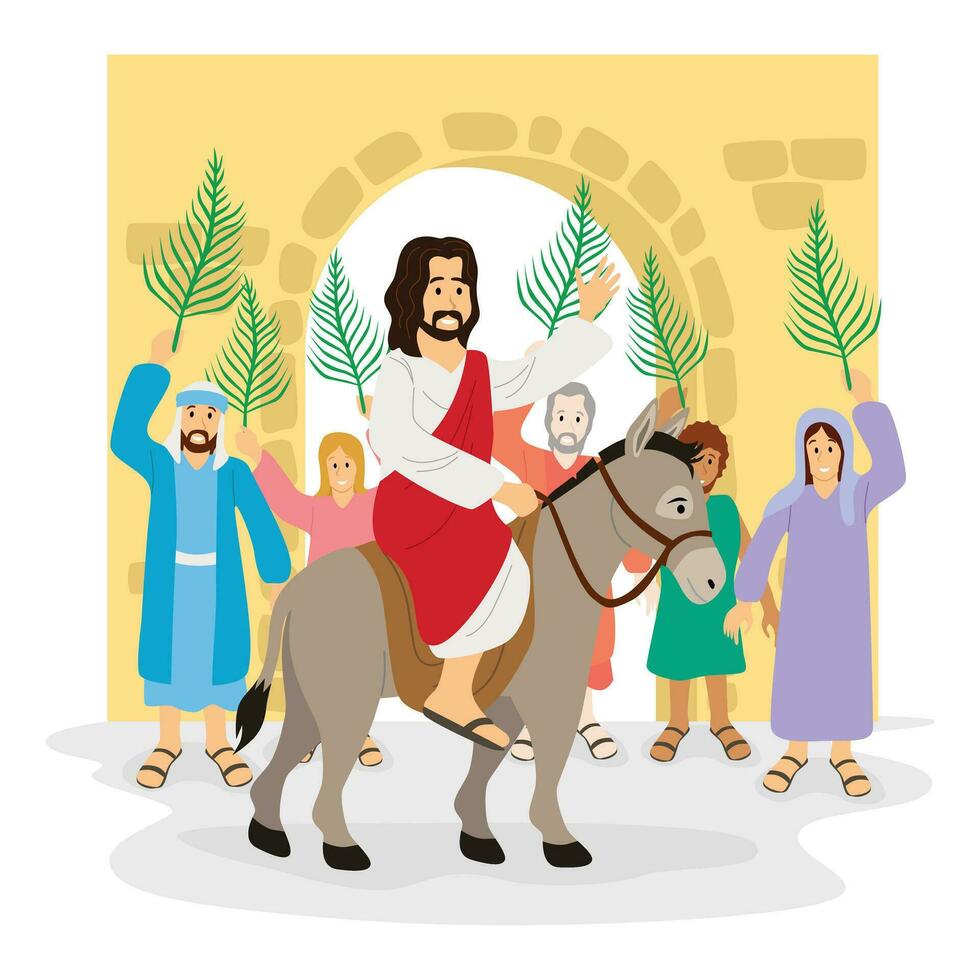Jesús Cristo entra el puertas de el ciudad de Jerusalén y es saludado por residentes con un procesión de palma hojas, ilustración de palma domingo durante Pascua de Resurrección vector