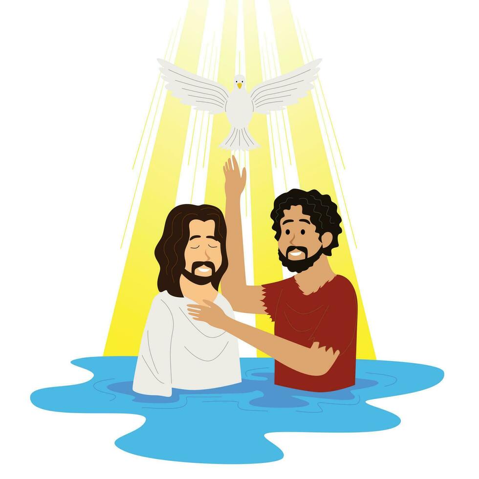 ilustración de Jesús Cristo siendo bautizado por Juan el bautista en el Jordán río vector