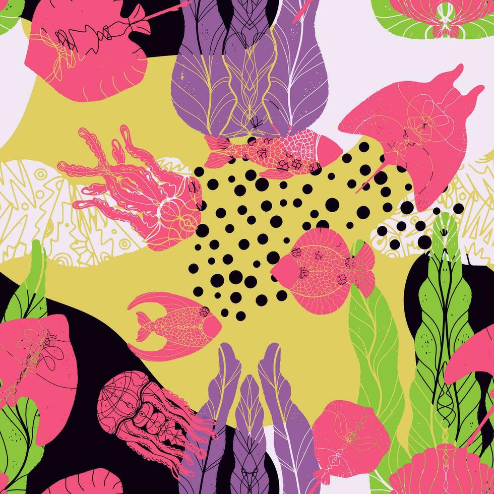 a colorful pattern with fish and plants vector