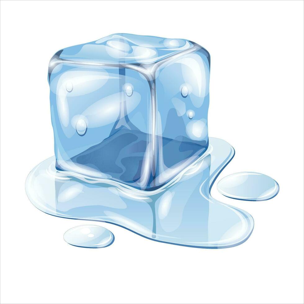 Ice cube melting in a puddle vector illustration. realistic blue crystals of ice melting in a pool of fresh clear liquid, solid ice pieces for cooling cocktails and drinks at the bar