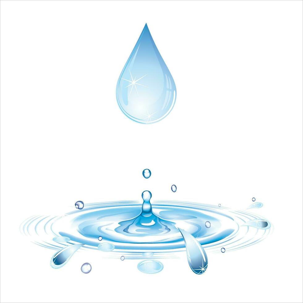 Transparent vector water drops and splashes and waves on light background