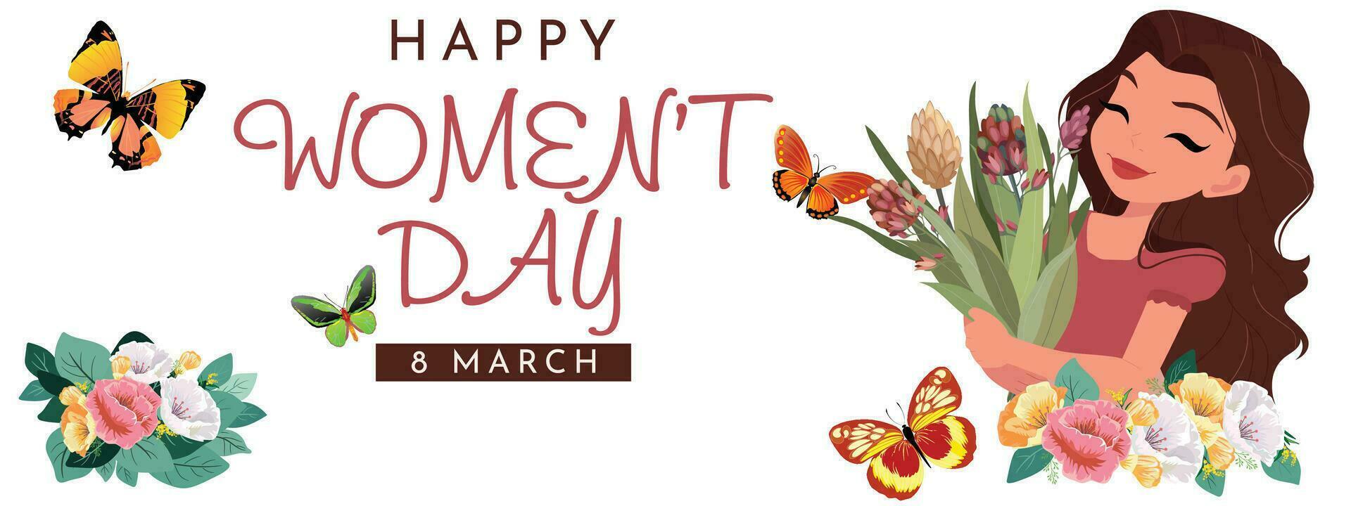 International Women's Day March 8 with frame of woman hugging flowers and butterflies flying, Flat illustration of woman. Concept of women loving themselves. vector