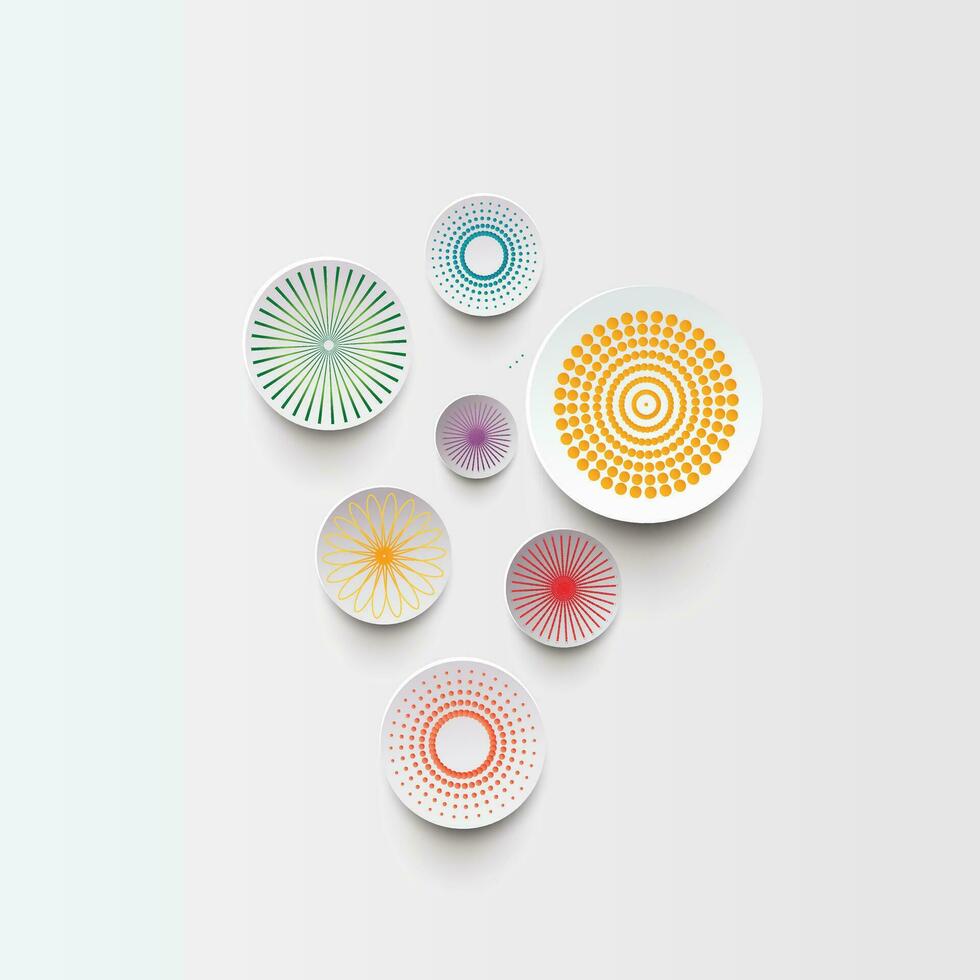 Set of abstract circles. Round plate ornament. dotted geometry. Greeting card. Retro style. Vector logo, label and badge template