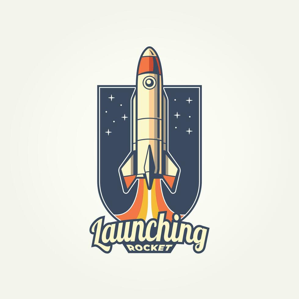 launching rocket vintage badge logo template vector illustration design. retro futuristic, space, innovation emblem logo concept