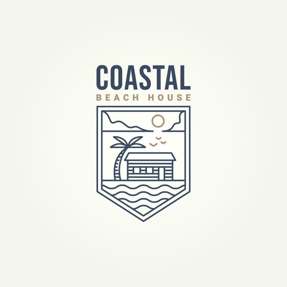 coastal beach house minimalist line art emblem logo template vector illustration design. simple modern homestay, hotel, resort badge logo concept