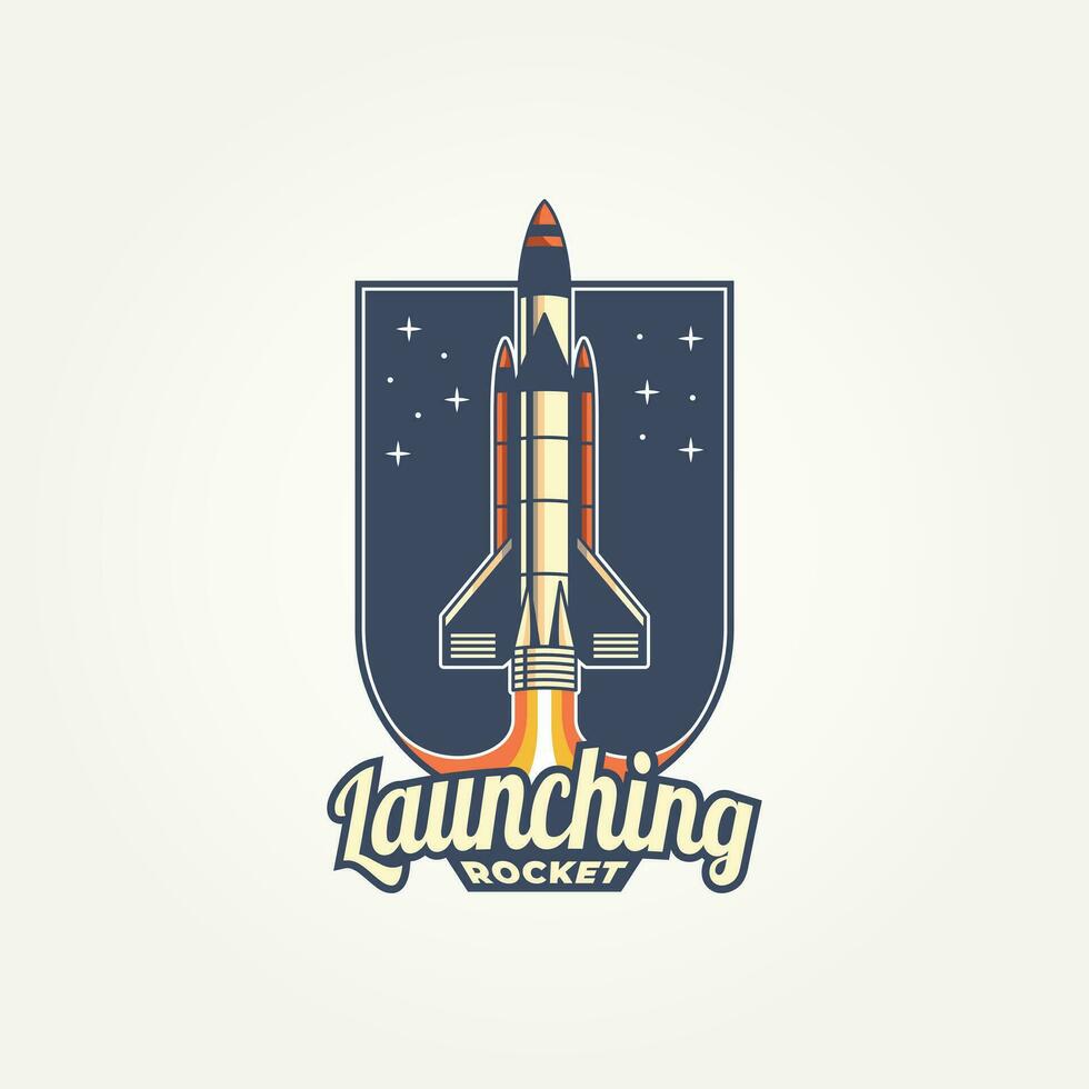 astronave cohete lanzamiento Clásico Insignia logo modelo vector ilustración diseño. retro futurista, espacio, innovación emblema logo concepto