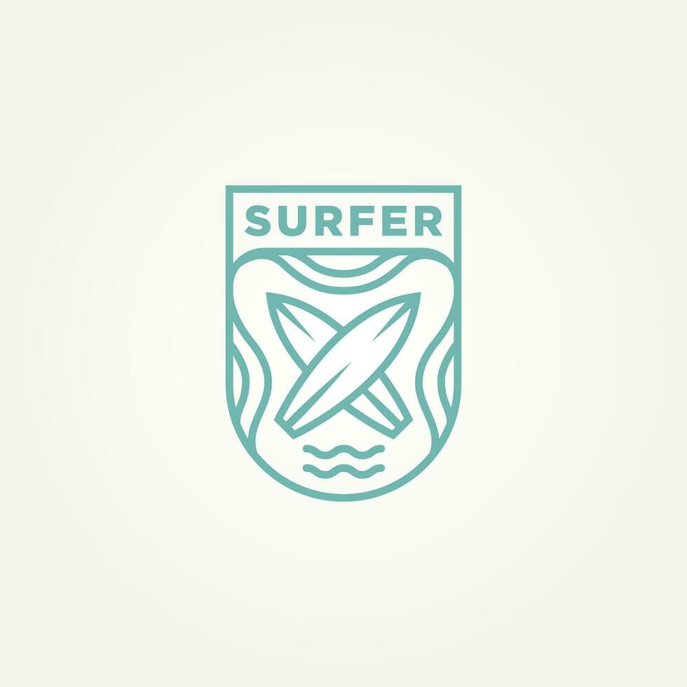 surfing minimalist line art badge logo template vector illustration design. simple modern surfer, water sport, surfboard emblem logo concept