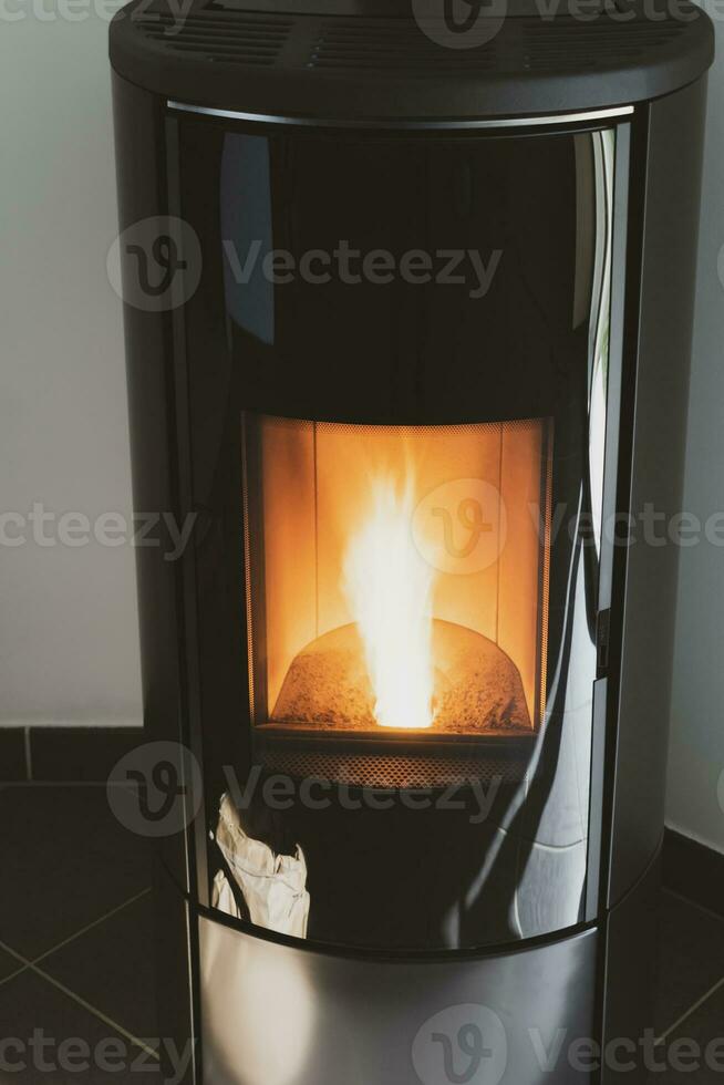 Modern domestic pellet stove, granules stove with flames photo