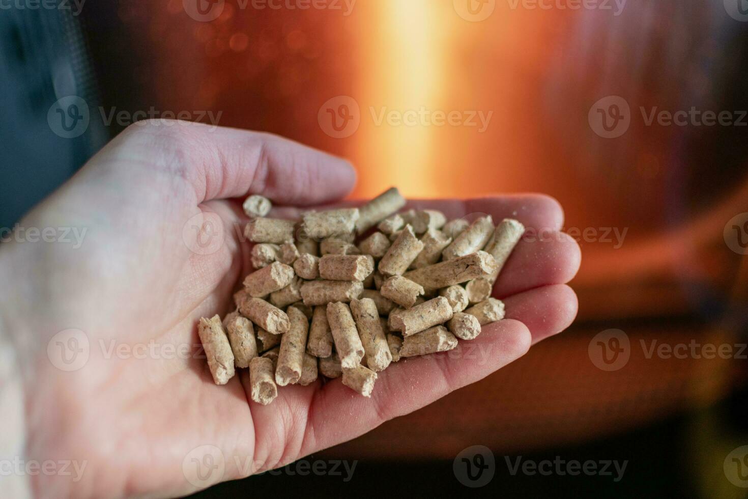 mano participación pellets en frente de el vaso de un estufa con un hermosa fuego foto