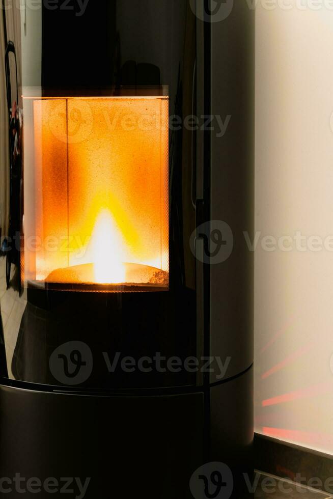 Modern domestic pellet stove, granules stove with flames photo