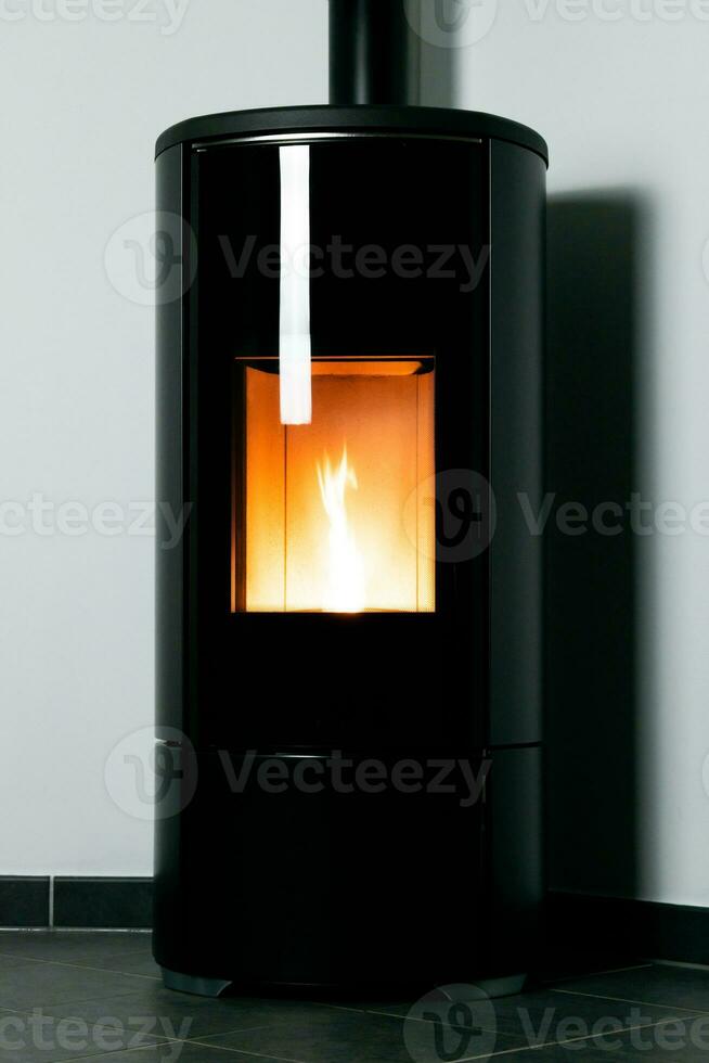 Modern domestic pellet stove, granules stove with flames photo