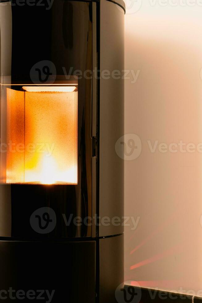 Modern domestic pellet stove, granules stove with flames photo