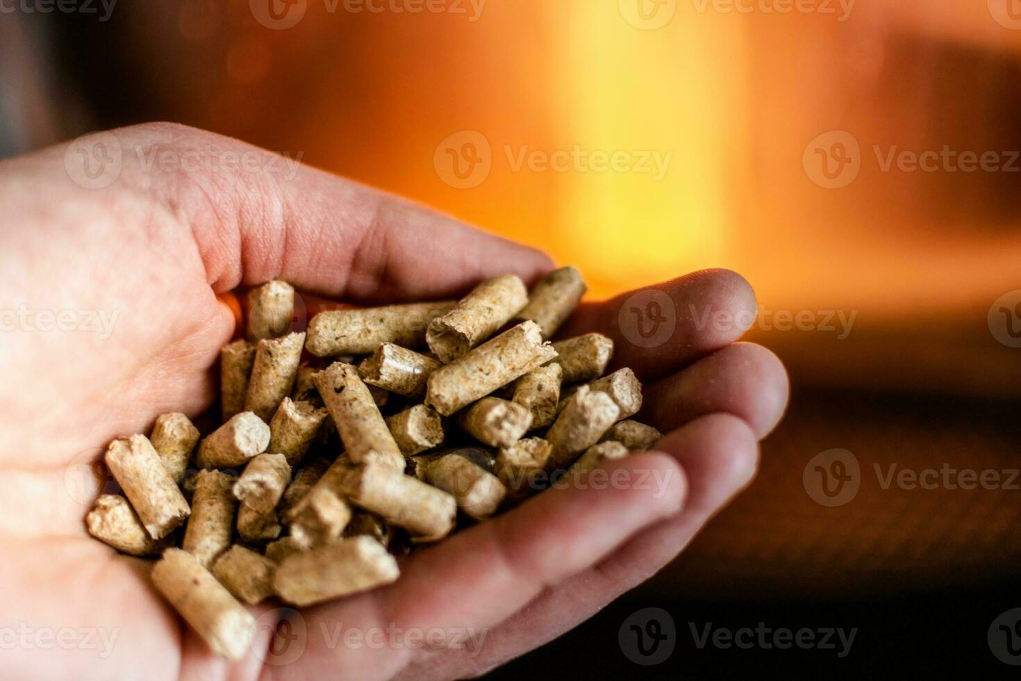 Hand holding pellets in front of the glass of a stove with a beautiful flame photo