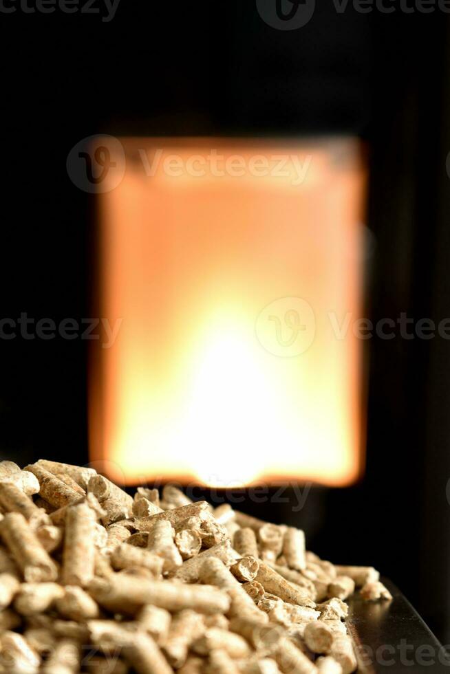 Modern domestic pellet stove, granules stove with flames photo