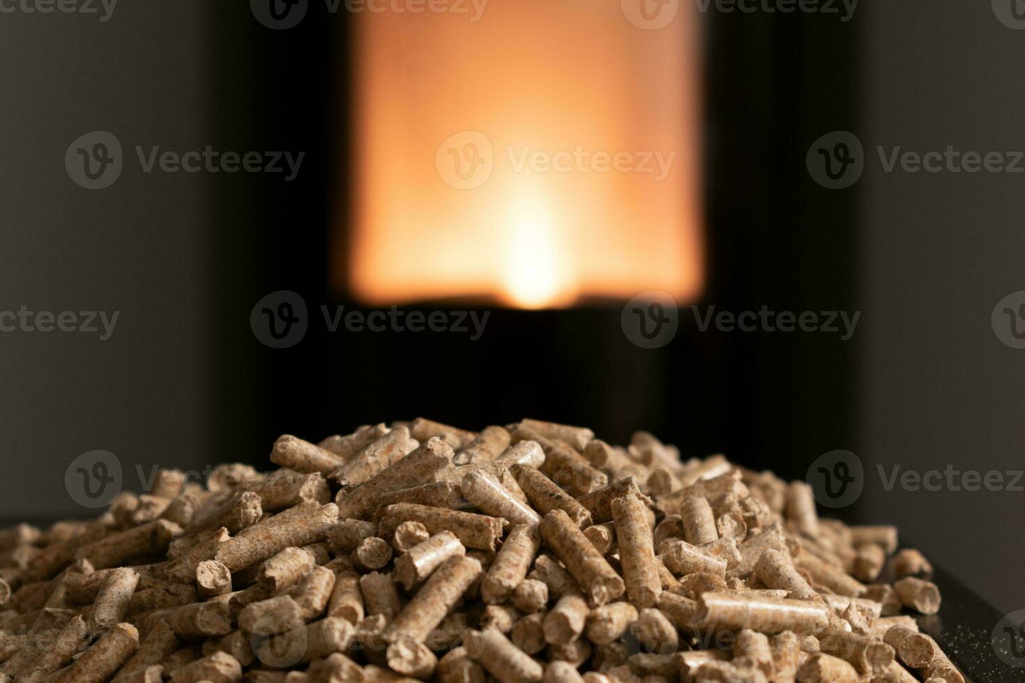 Modern domestic pellet stove, granules stove with flames photo