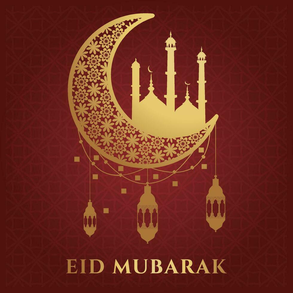 eid Mubarak saludo tarjeta con creciente y mezquita vector