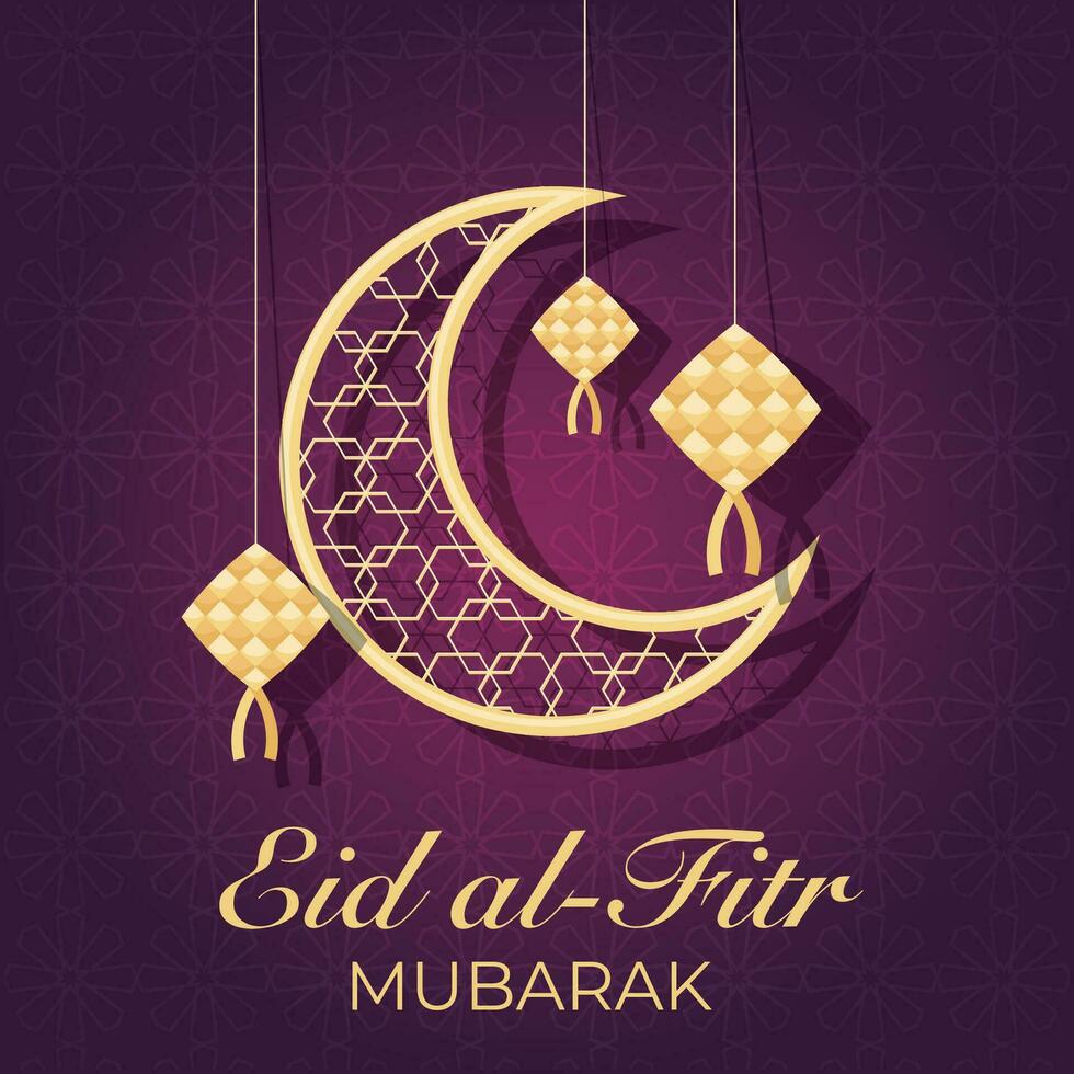 eid al-fitr mubarak greeting card with moon and lanterns vector