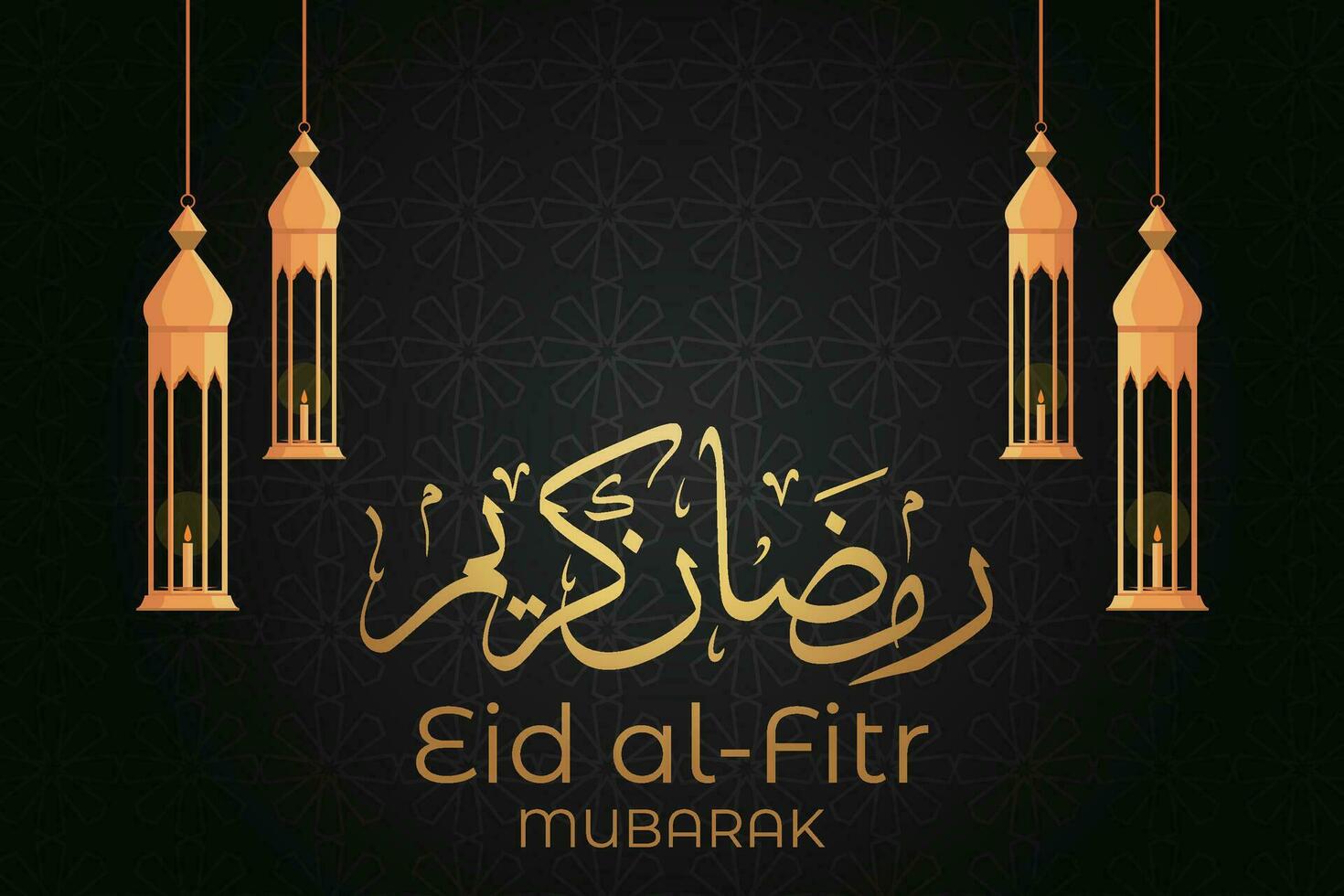 eid mubarak greeting card with hanging lamps and gold decorations vector
