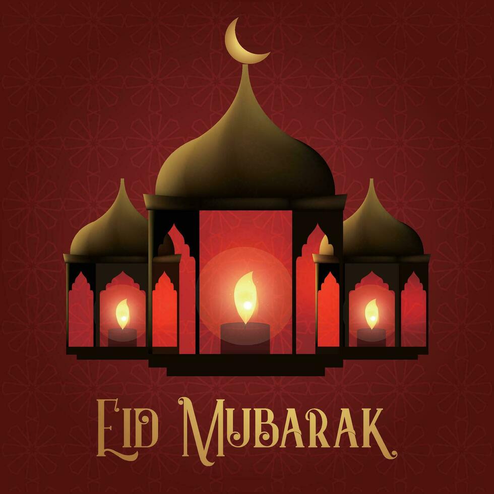 eid mubarak greeting card with mosque and lanterns vector illustration