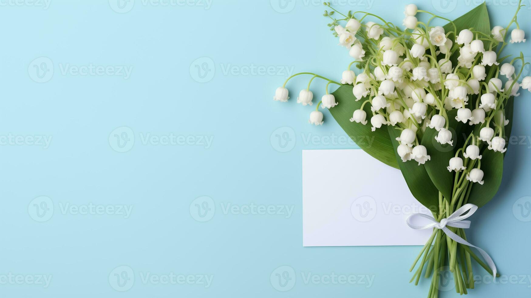 AI generated pale blue background with a bouquet of lilies of the valley and a greeting card, free space for text photo