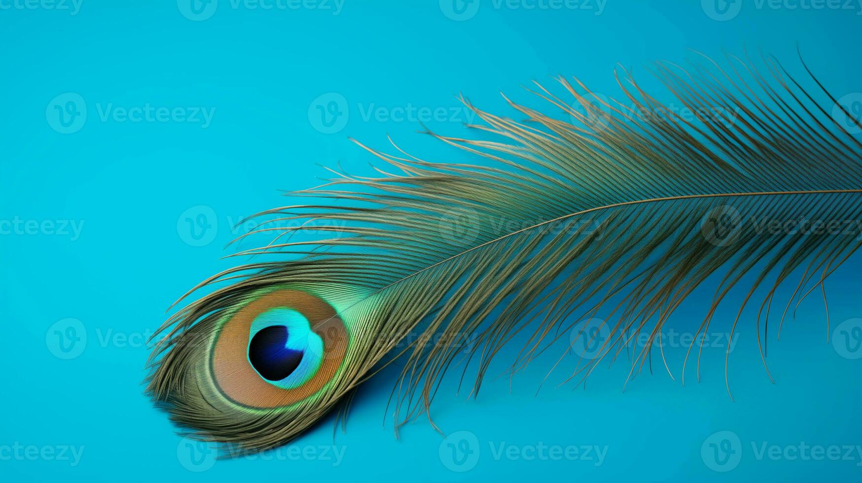 AI generated peacock feather on pale blue background photo