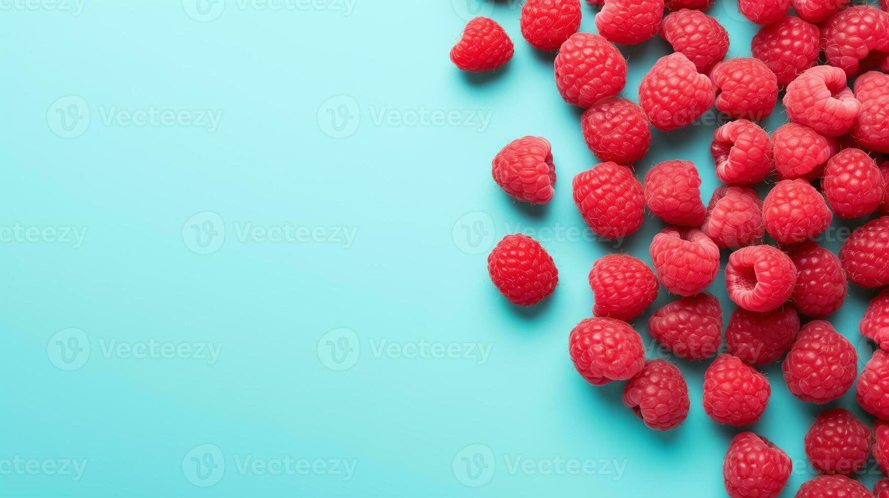 AI generated ripe raspberry fruit on a blue background photo