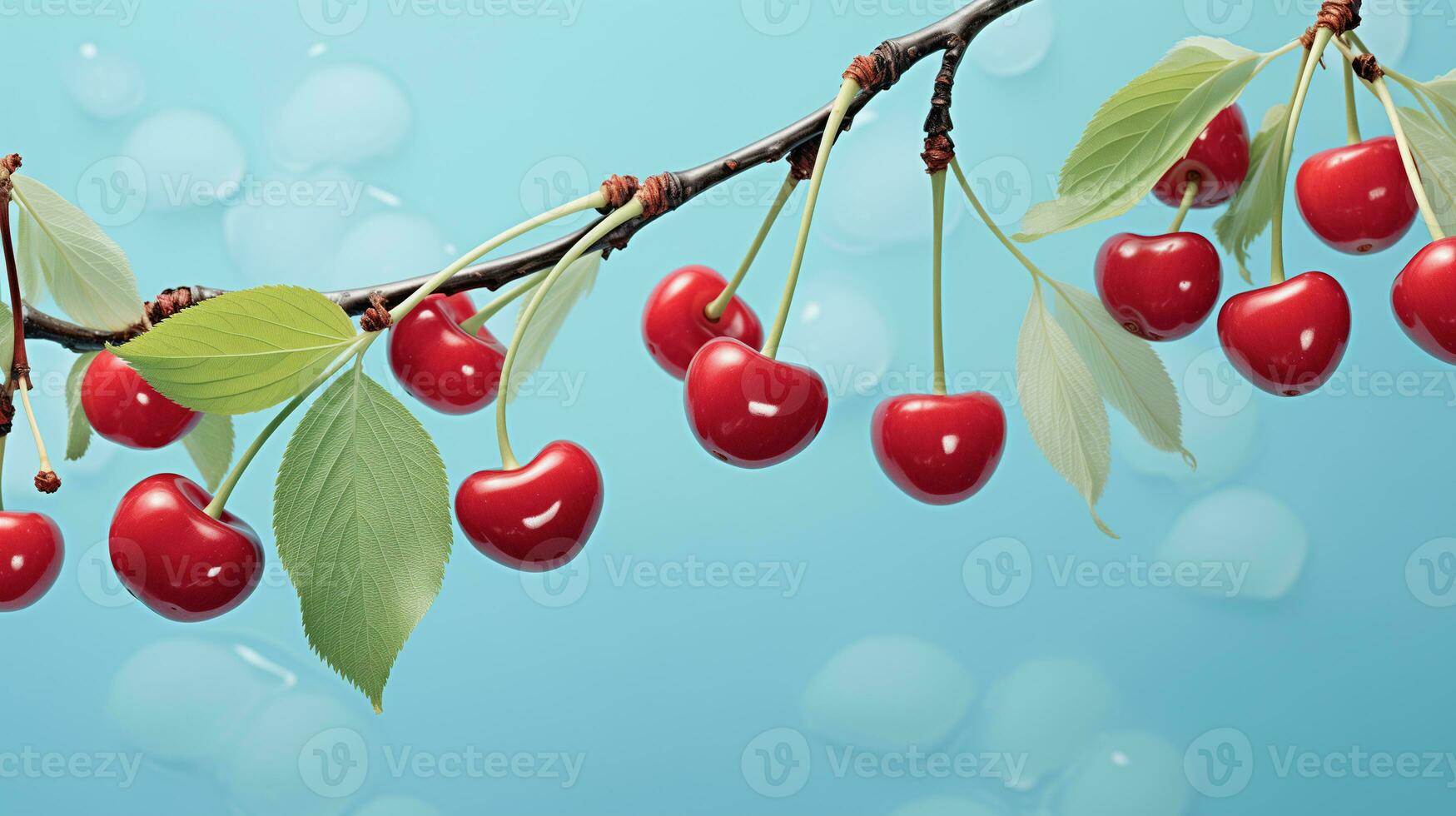 AI generated branch with cherry fruits on a blue background photo