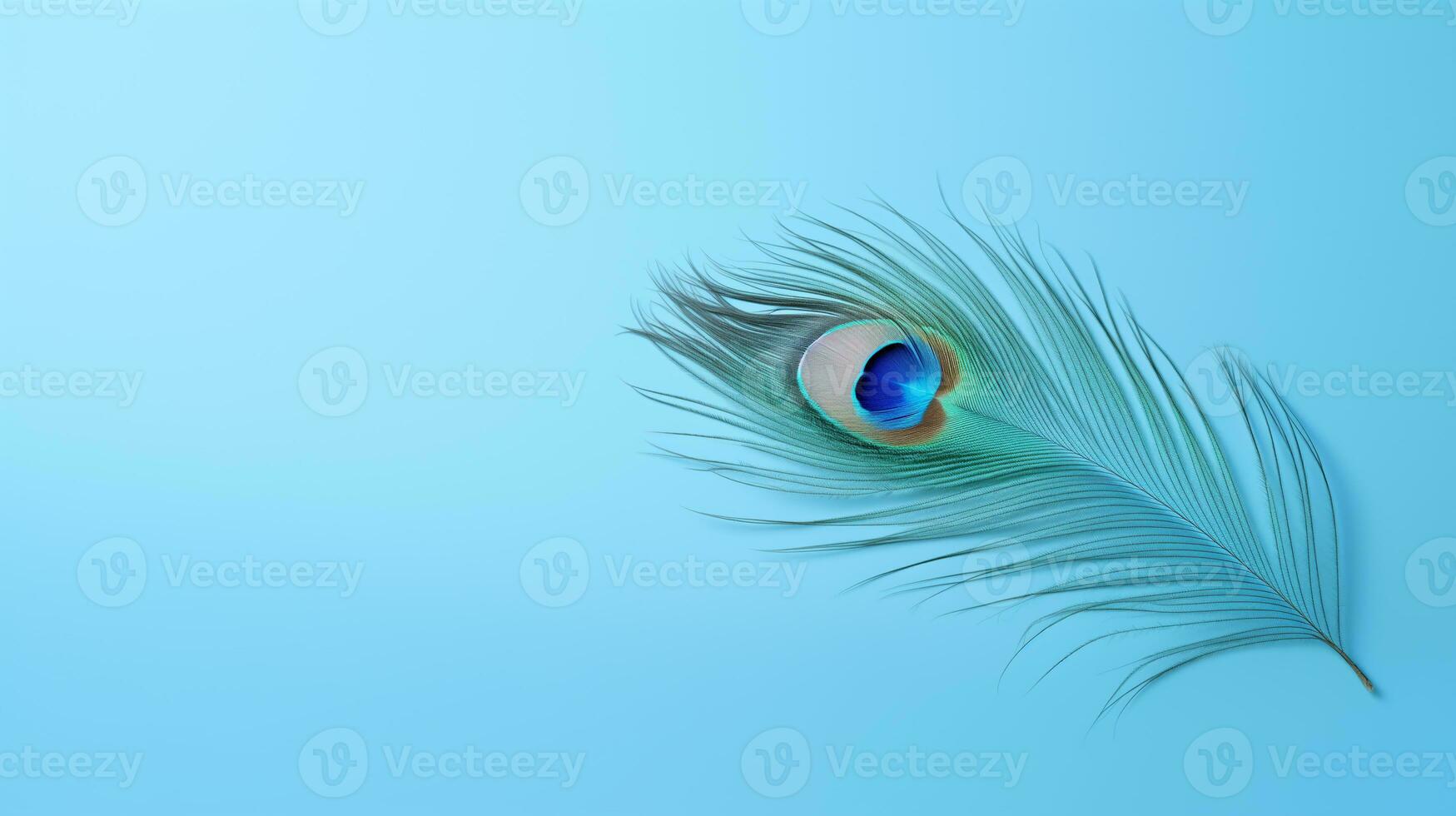 AI generated peacock feather on pale blue background photo