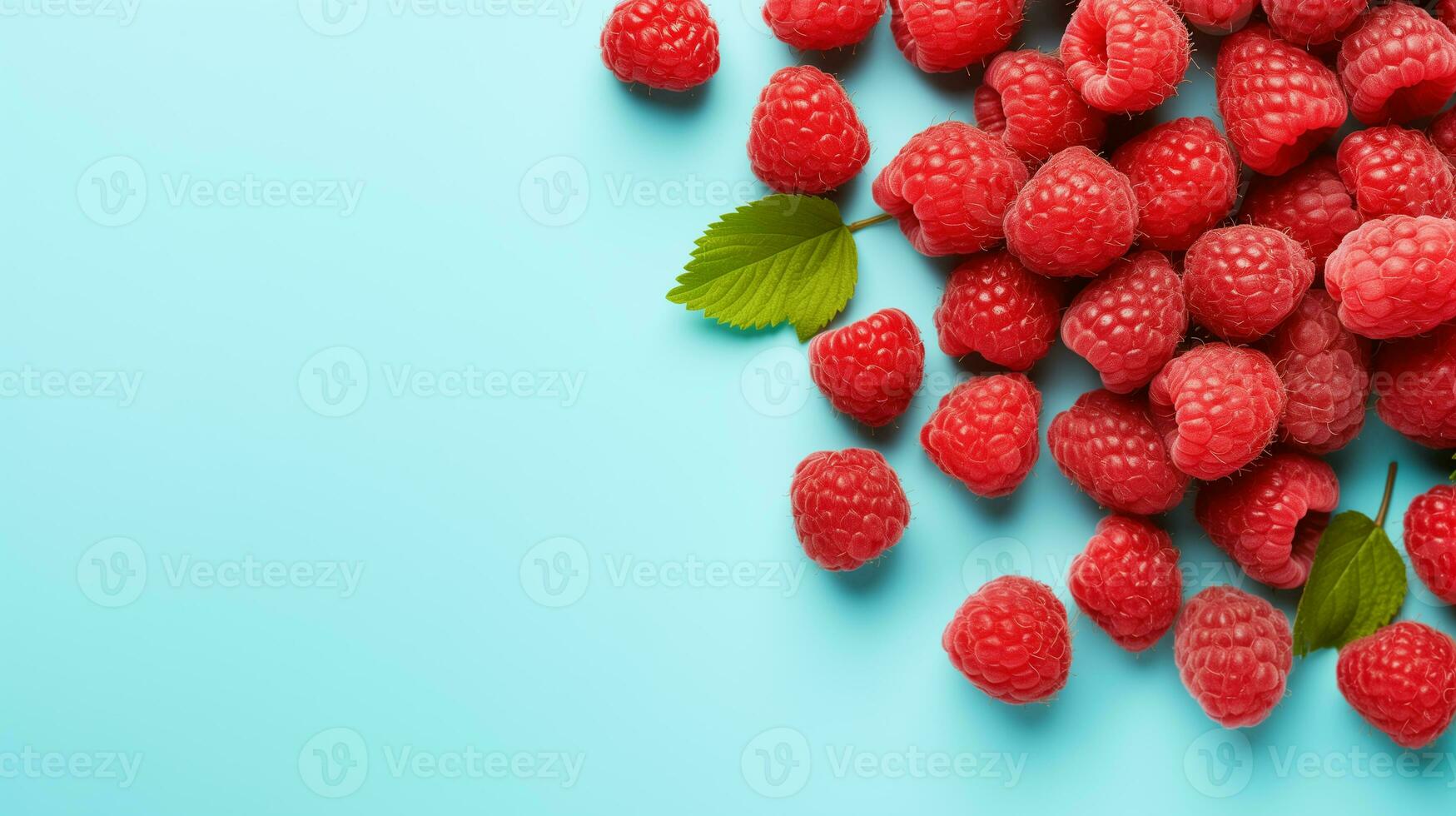 AI generated ripe raspberry fruit on a blue background photo