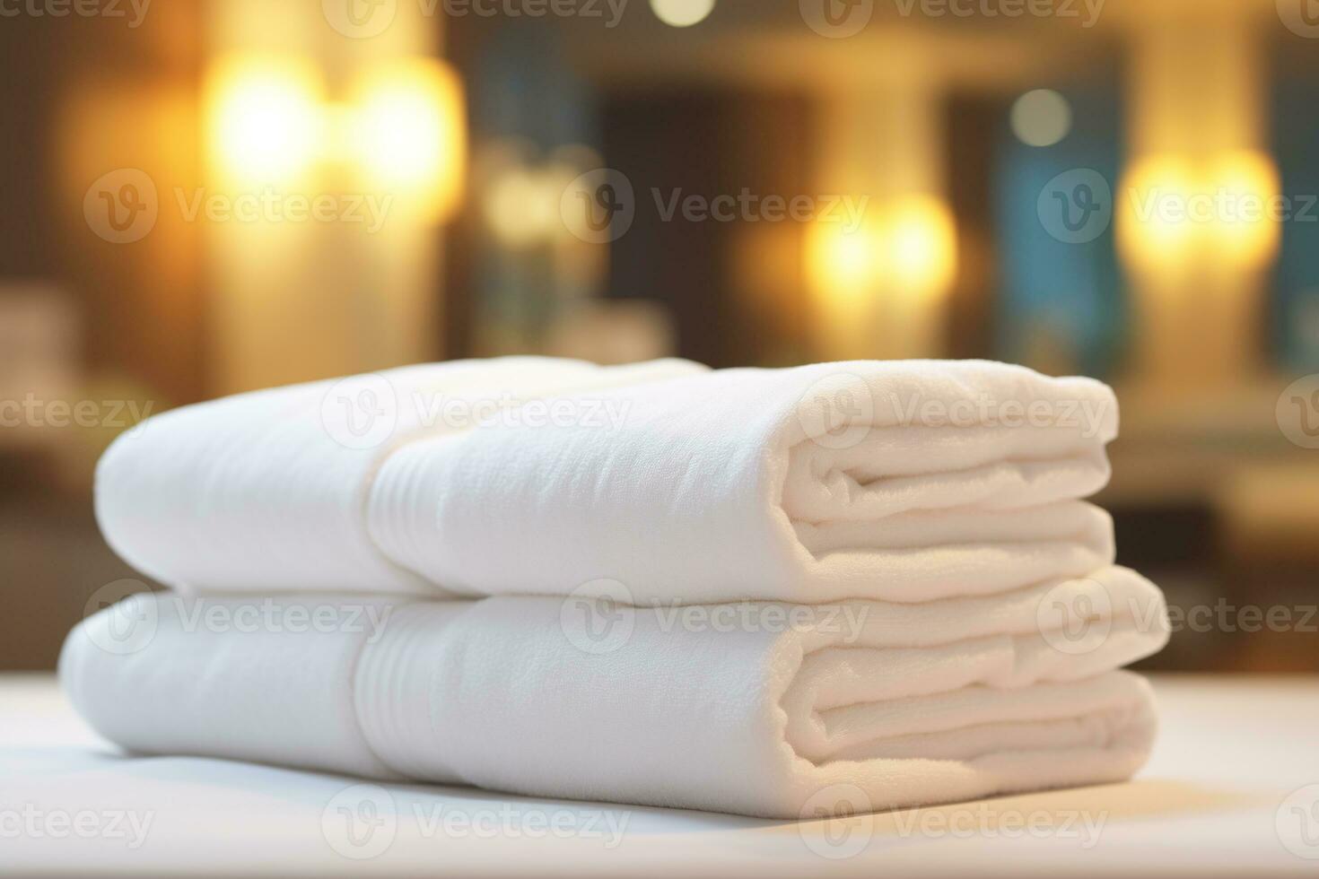 AI generated stack of neatly folded white towels on a bed in a hotel room photo