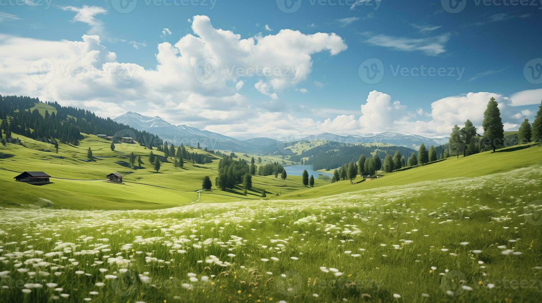 AI generated landscape photo of a green flowering meadow on a sunny summer day