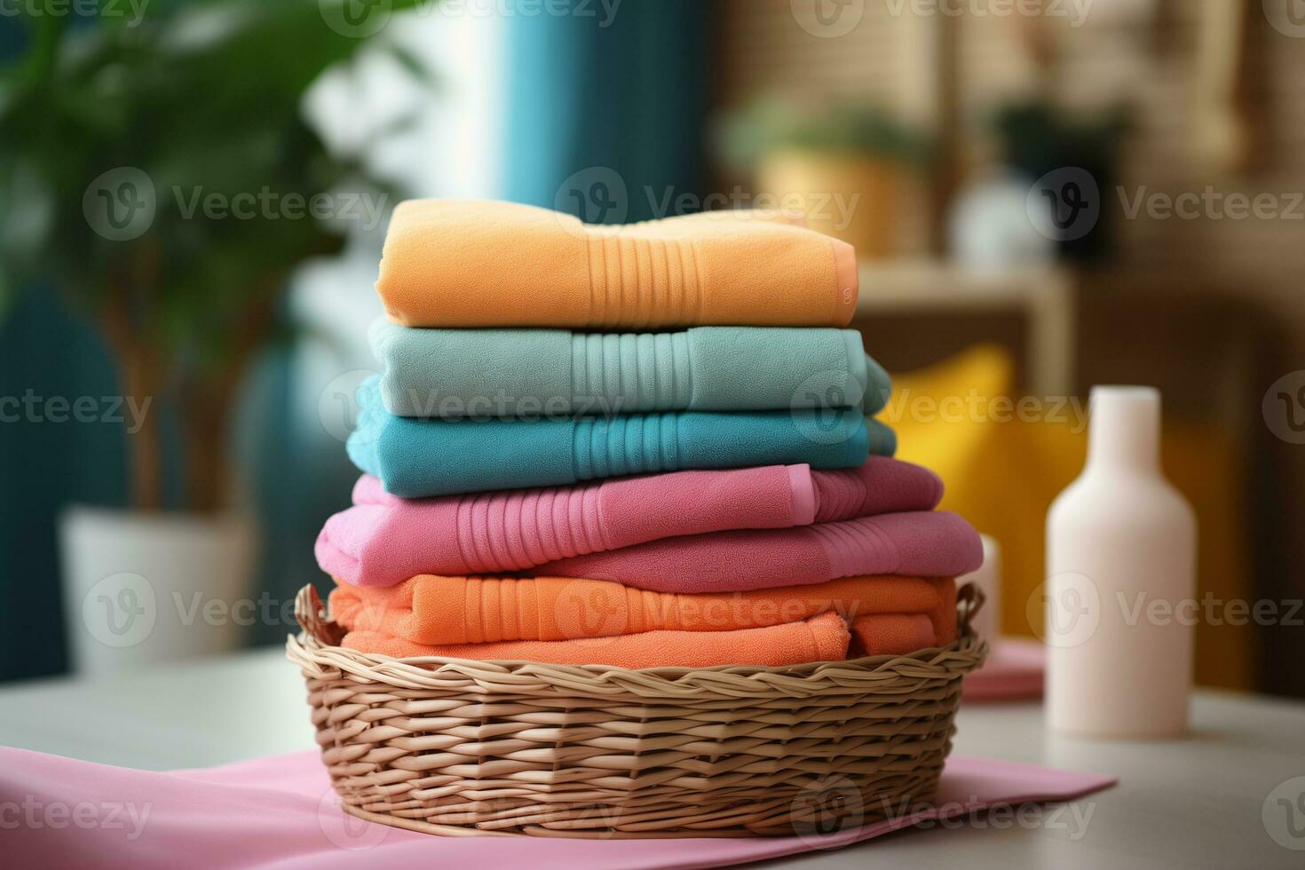 AI generated A stack of neatly folded colorful towels in a wicker basket on the bathroom nightstand photo