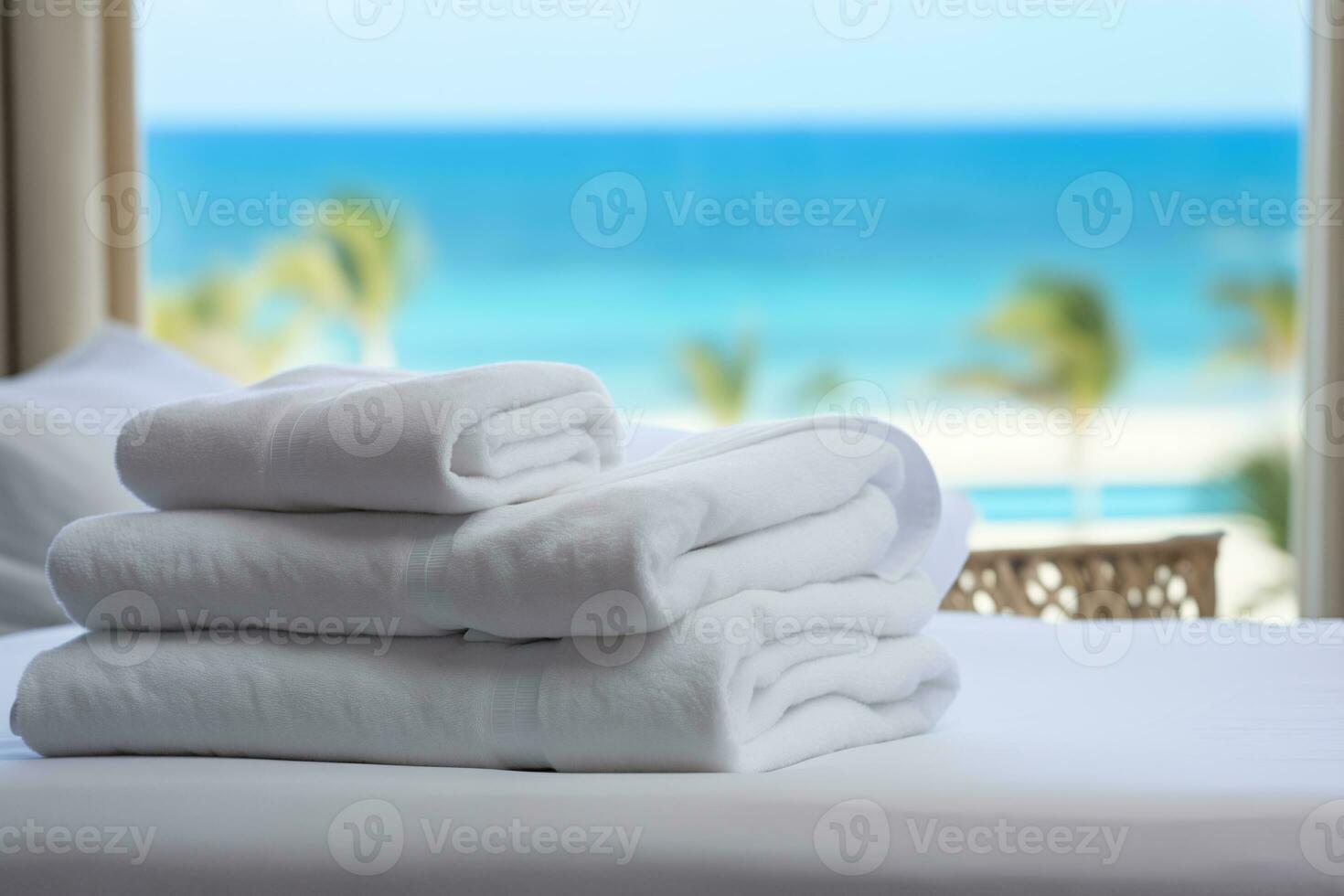AI generated clean white towels on a hotel bed in a bright cozy room overlooking the sea photo