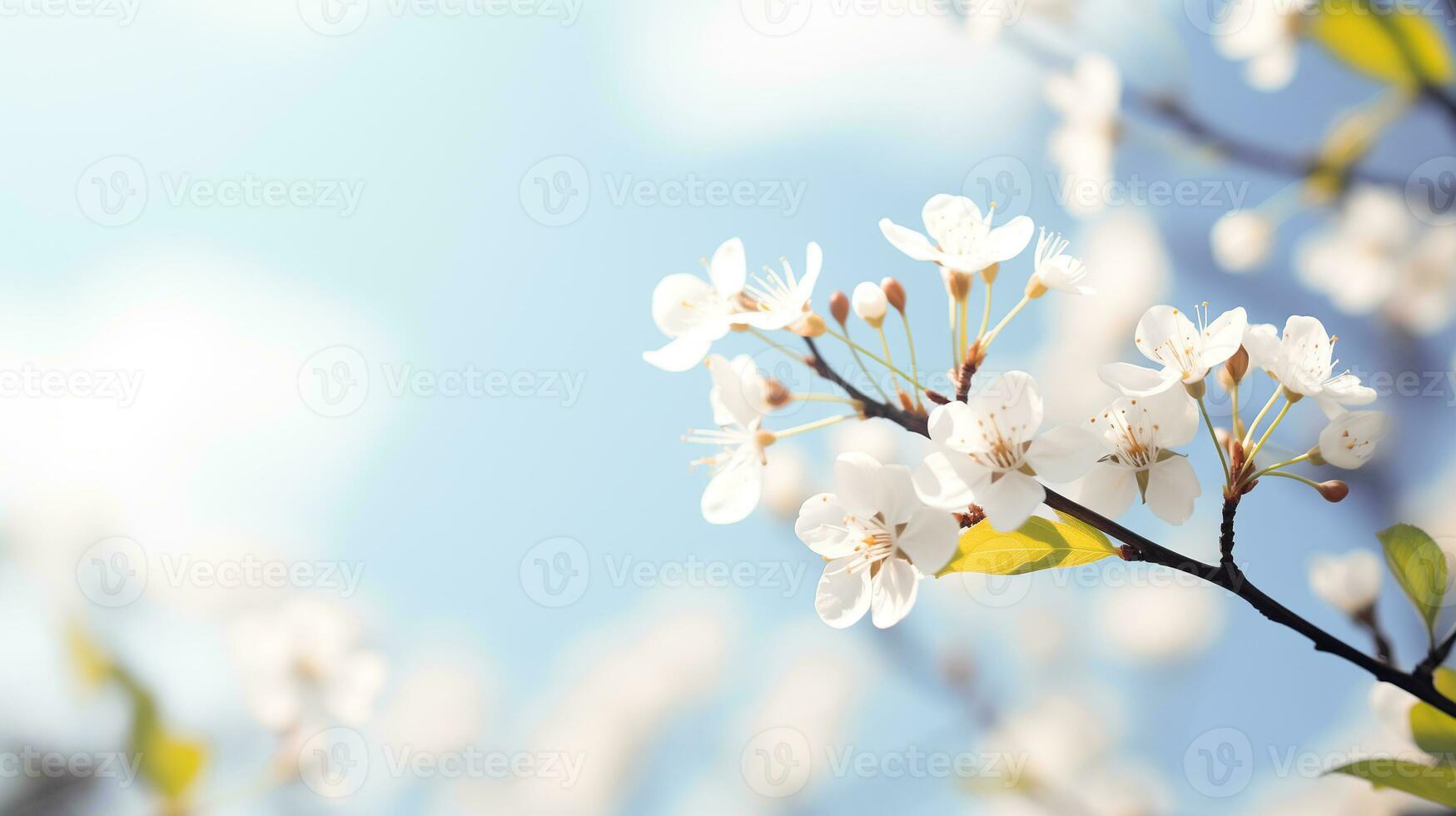 AI generated blossoming fruit tree branch against blue sky, spring background photo