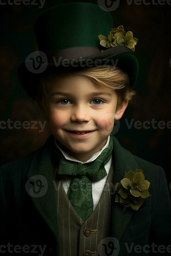 AI generated cheerful little boy wearing traditional green St. Patrick's top hat photo